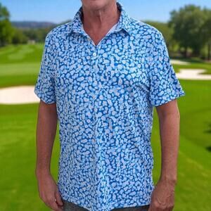 Sunday Swagger Polo Shirt Men’s Medium Blue Daisy Floral Golf Performance Polo